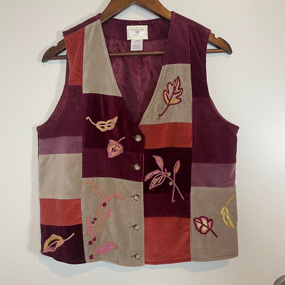 Vintage patchwork corduroy autumn fall leaves Susan Bristol small vest